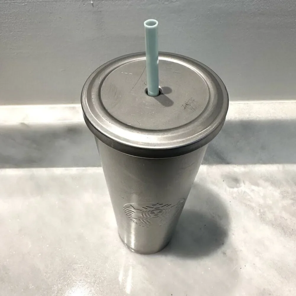 Starbucks Stainless Steel Embossed Mermaid Cold Cup Tumbler With Straw Silver 24